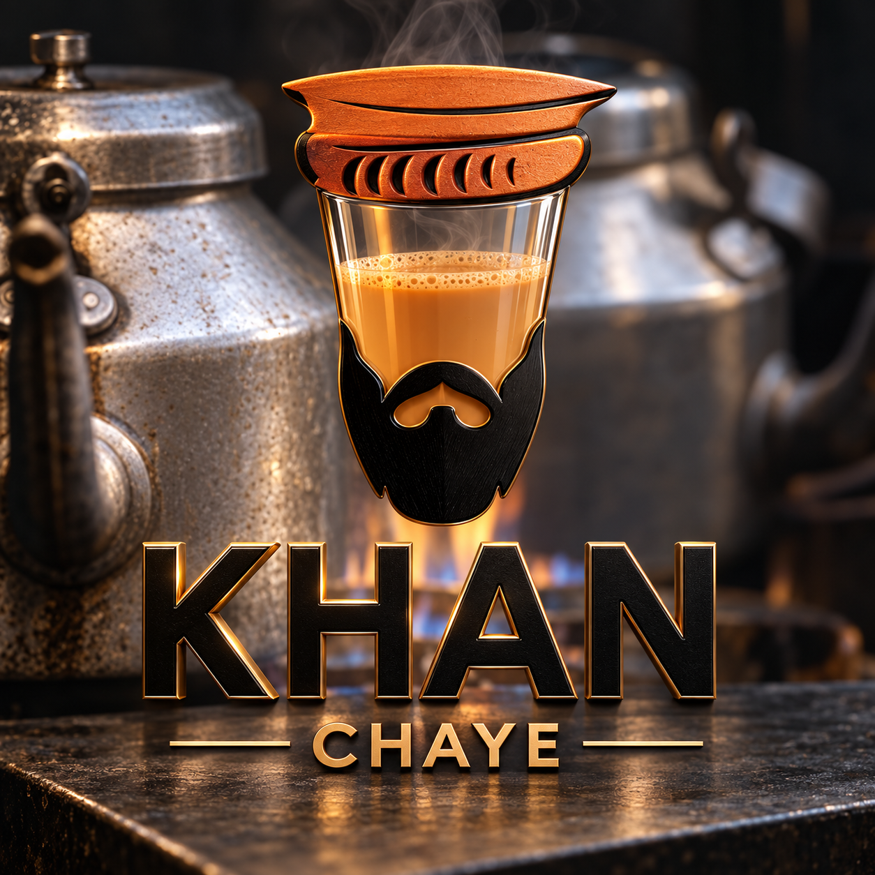 Khan Chaye logo over milk cans and fire